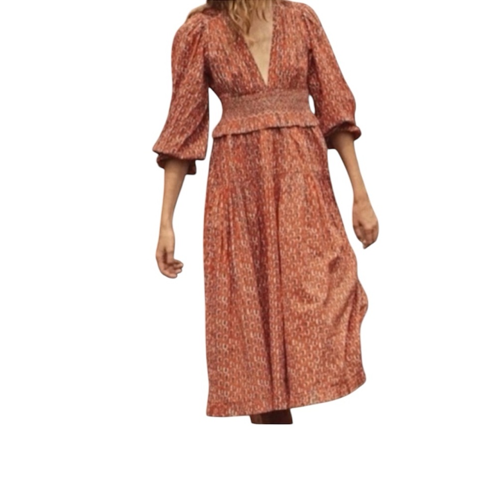 DOEN Orange Plunge Neck High Low Sundress with Bishop Sleeves